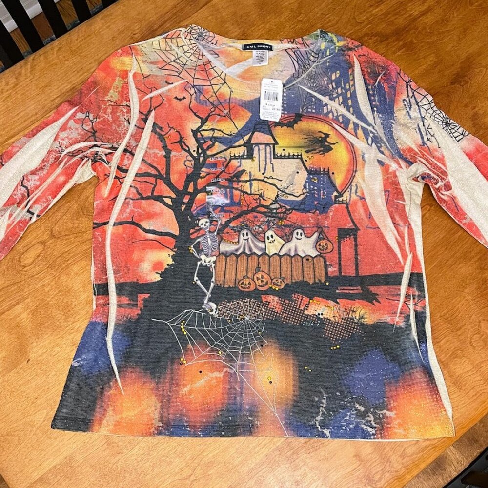 NEW Halloween Fall‎ 3/4 Sleeve XL Tee Ghosts Witches Pumpkins Dual Sided